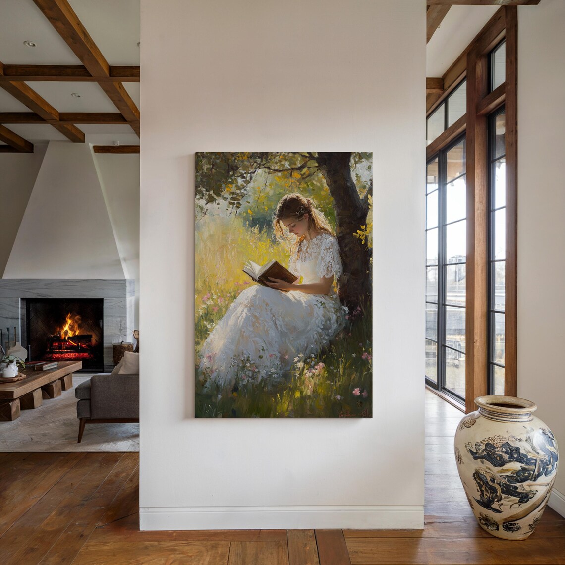 Woman Reading Under Tree Vintage Oil Painting Golden Meadow Poster - Image 6