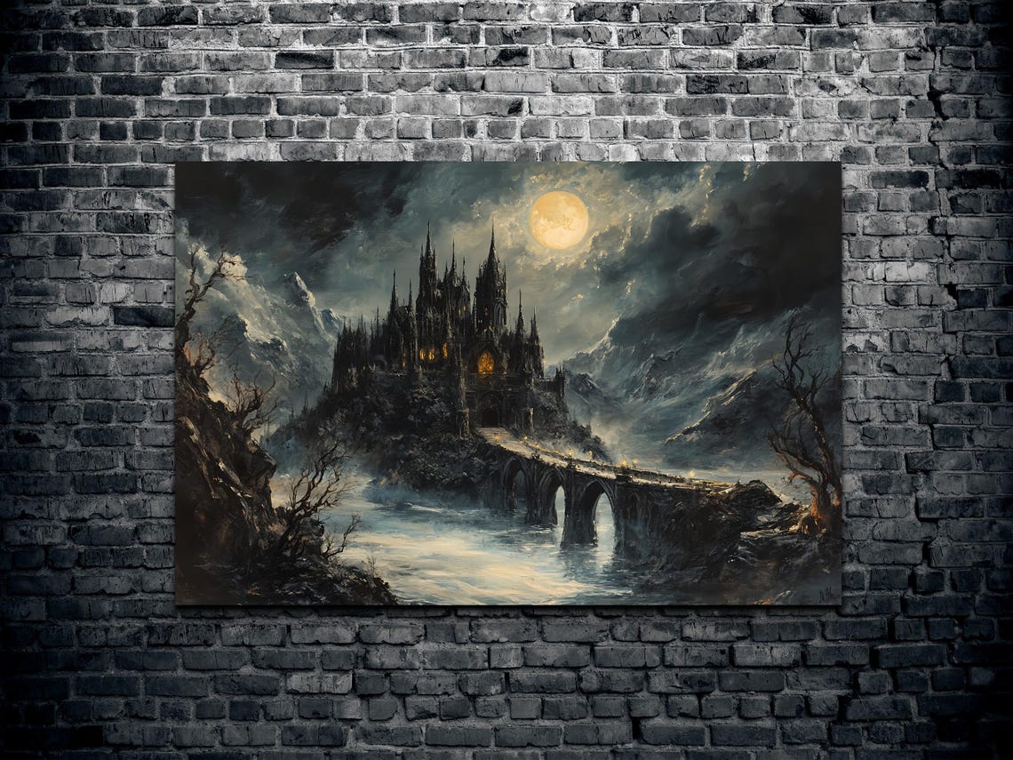 Draculas Gothic Castle Under Full Moon With Stone Bridge Poster - Image 2