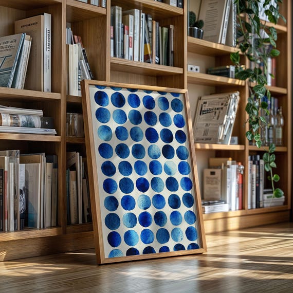 Indigo Watercolor Dot Wall Art Minimalist Blue Pattern Print