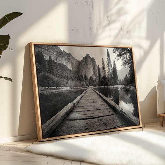 Black And White Mountain Canvas Wall Art Rustic Wooden Bridge Over River Scenic Forest Cliff Landscape Cabin Lodge Dcor