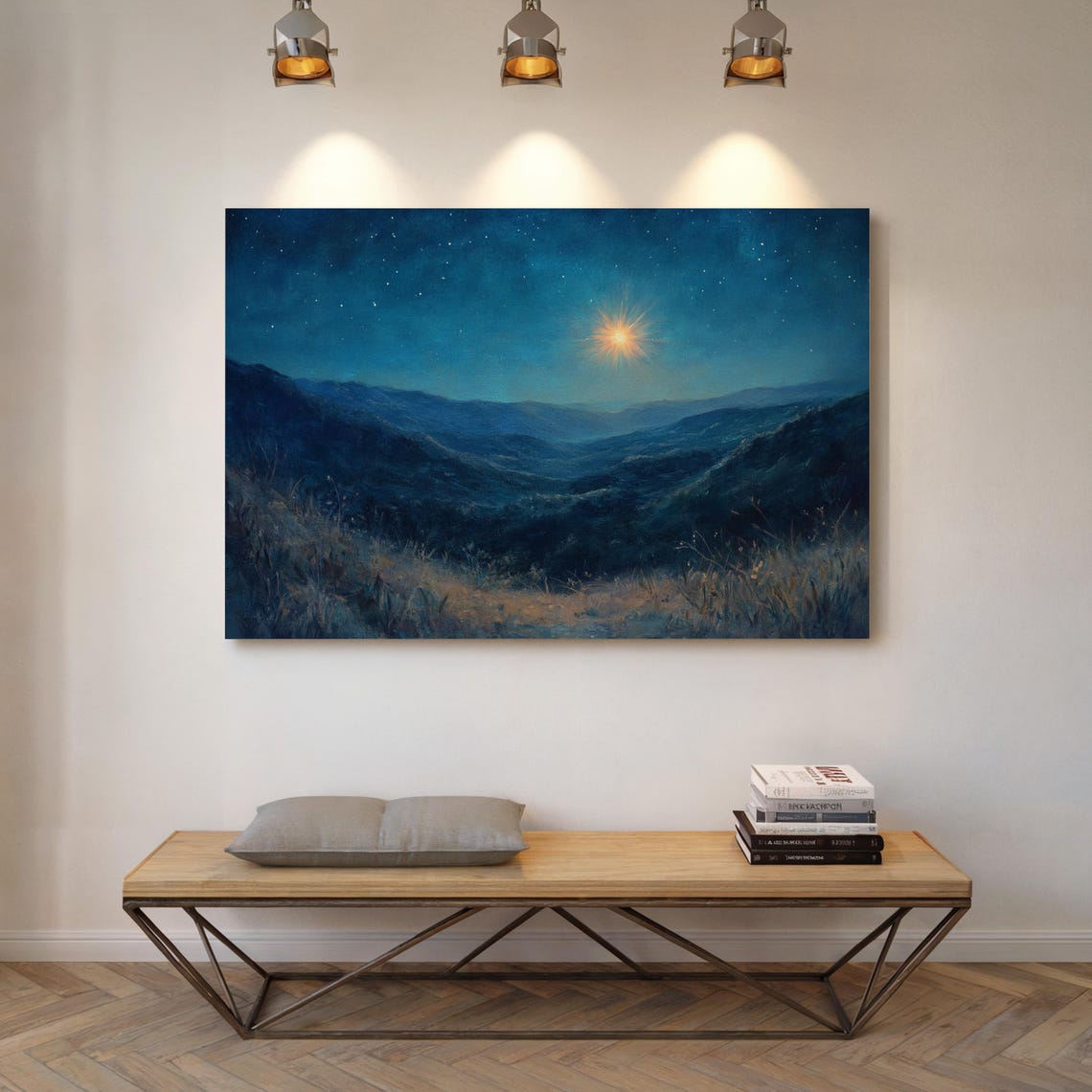 Bright Star Over Moonlit Blue Valleys Serene Night Sky Wall Art - Image 5