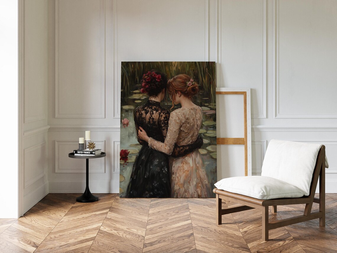 Two Women Embracing by a Lily Pond Romantic Vintage Oil Painting Print - Image 4