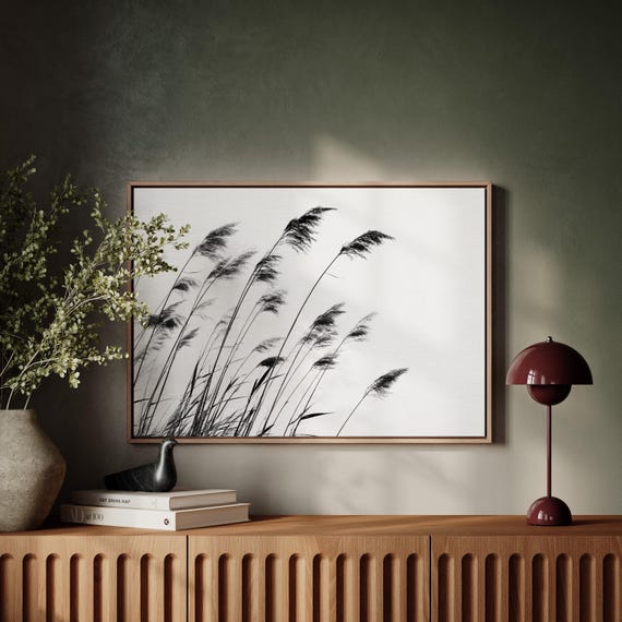 Minimal Black And White Reeds In The Wind Art Print