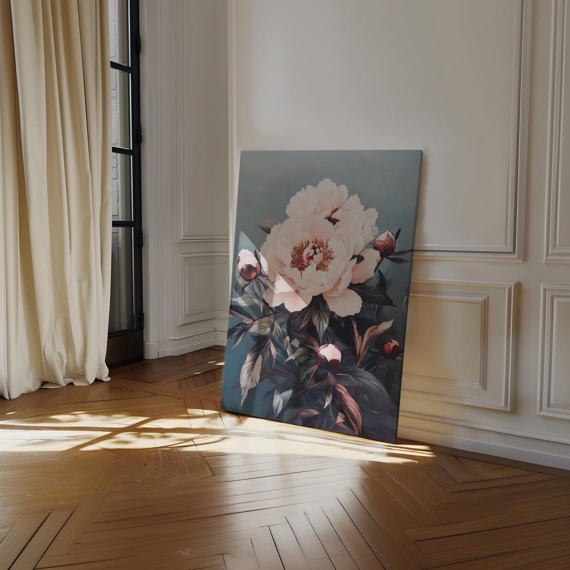 Romantic Pink White Peony Bloom With Buds Teal Floral Wall Art - Image 4
