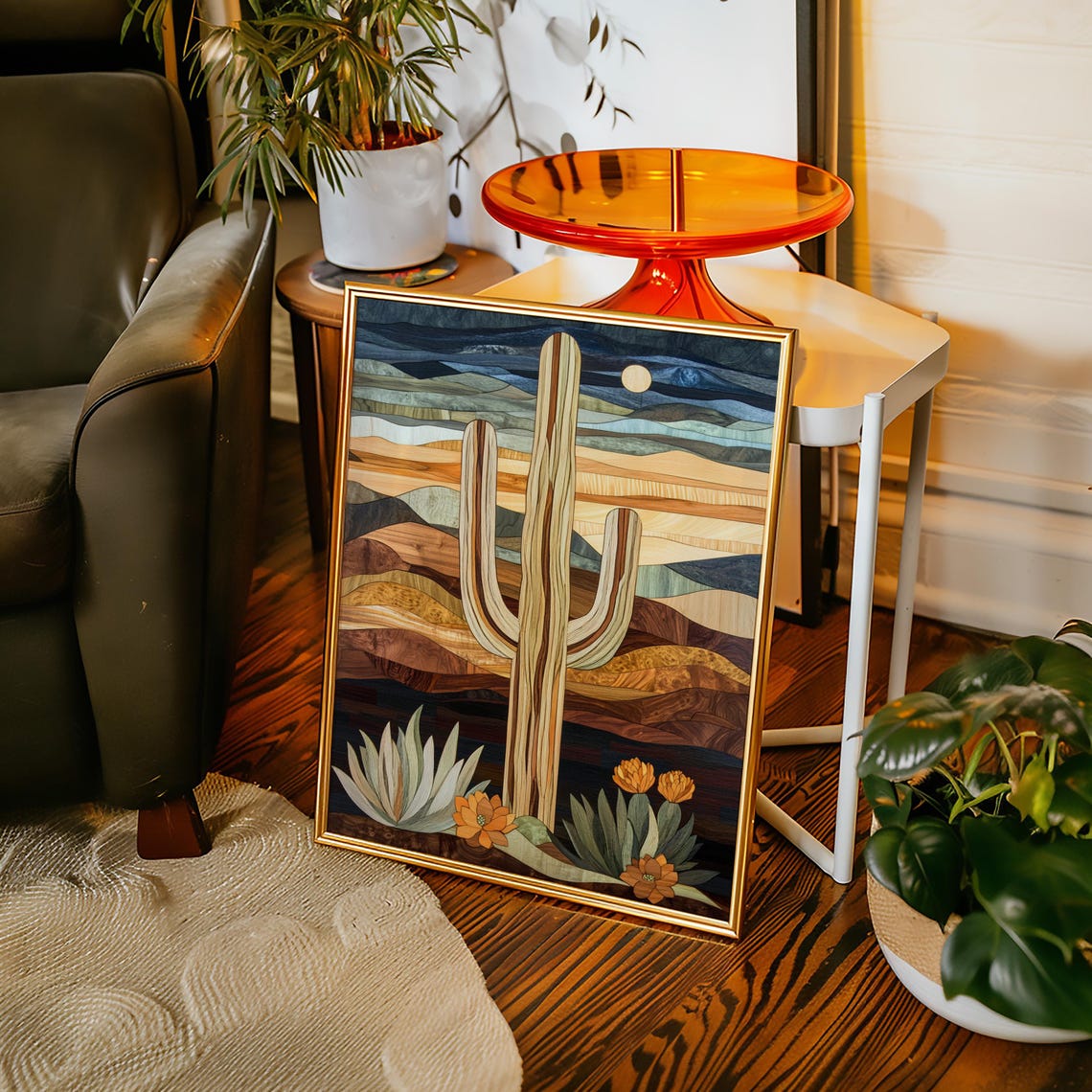 Saguaro Cactus Desert Scene In Layered Wood Grain Style Poster