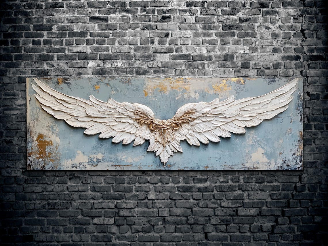White Angel Wings Gold Detail Vintage Panoramic Heavenly Art Poster - Image 2