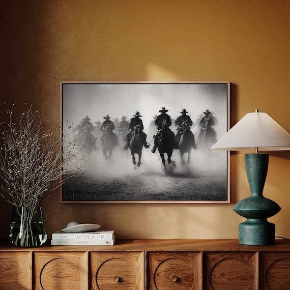 Cowboys Riding Through Dust Trail Western Black and White Poster