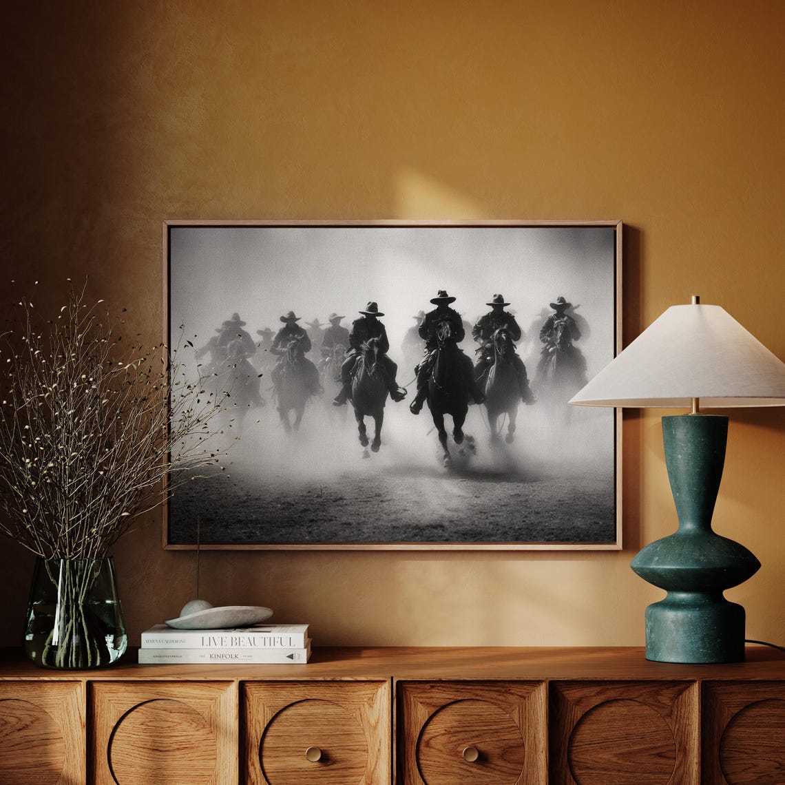 Cowboys Riding Through Dust Trail Western Black and White Poster