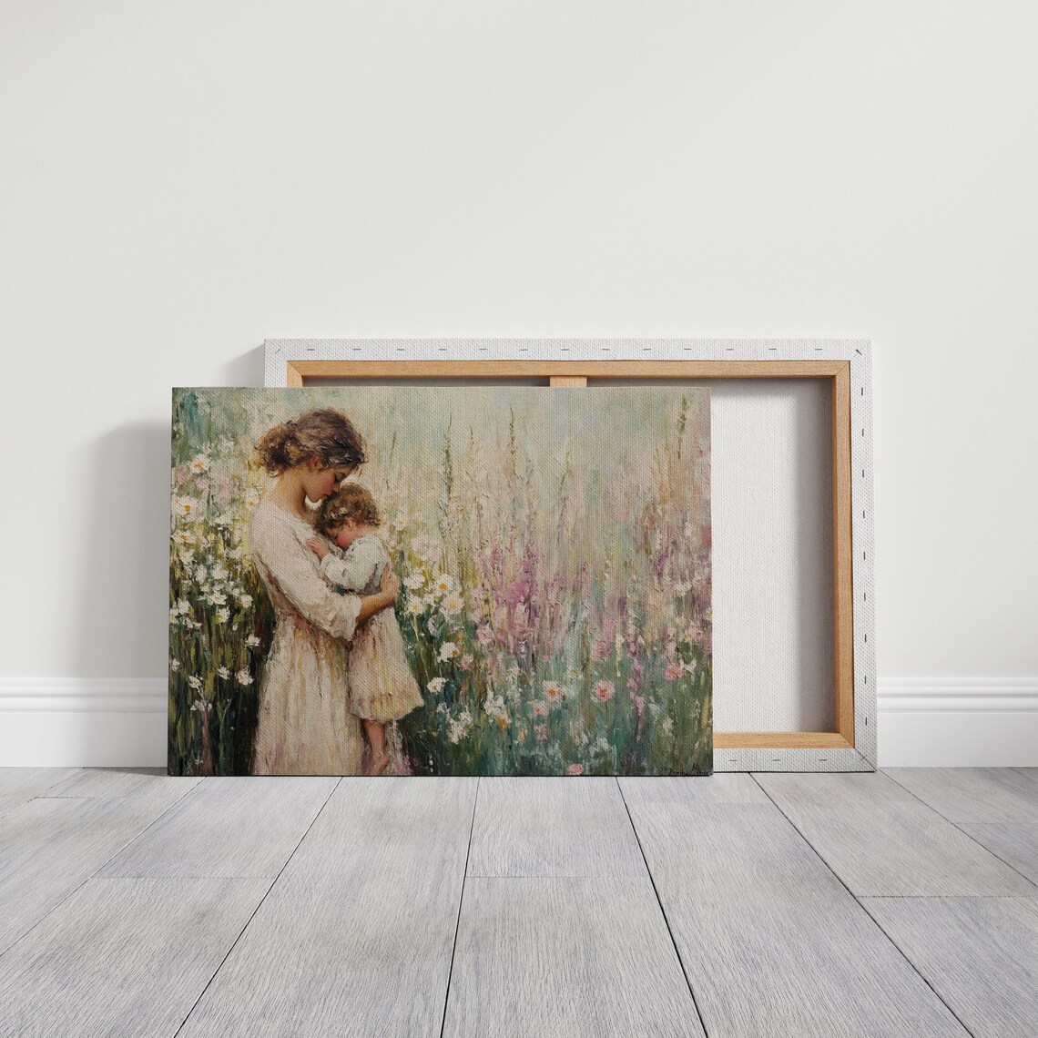 Mother And Child Embracing In Blooming Wildflower Field Wall Art - Image 3