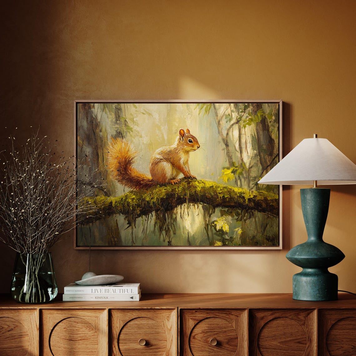 Cute Red Squirrel On Mossy Branch Sunlit Forest Painting Poster - Image 4
