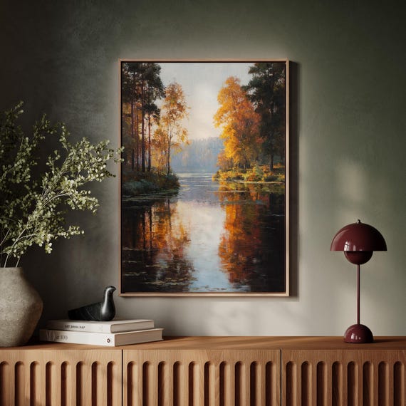 Autumn Lake Reflection Canvas Wall Art Golden Fall Trees By Water With Morning Light Landscape Painting Rustic Country Home Dcor