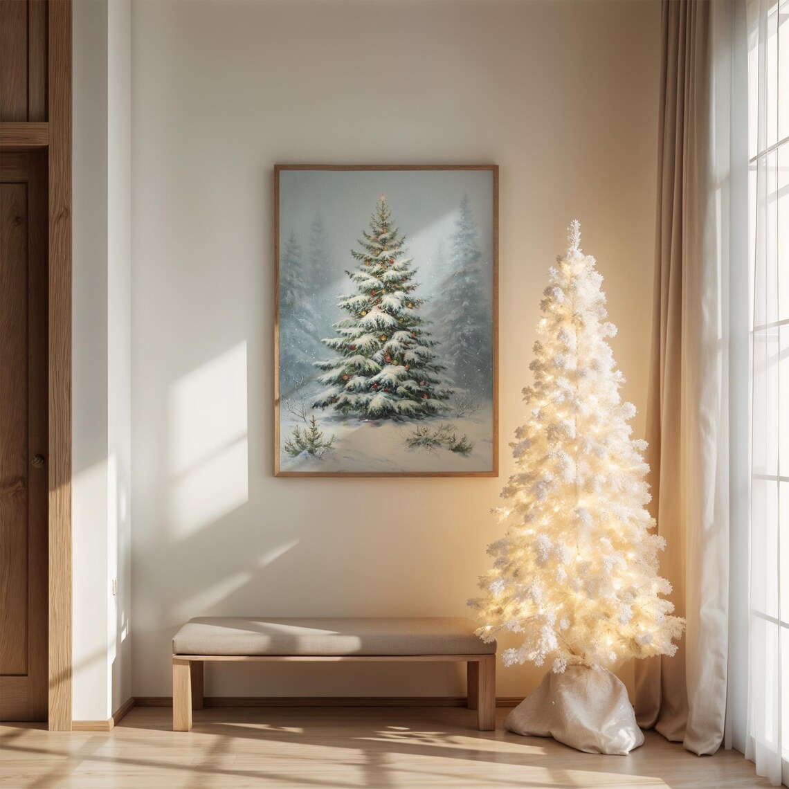 Snowy Christmas Tree With Ornaments Art Print