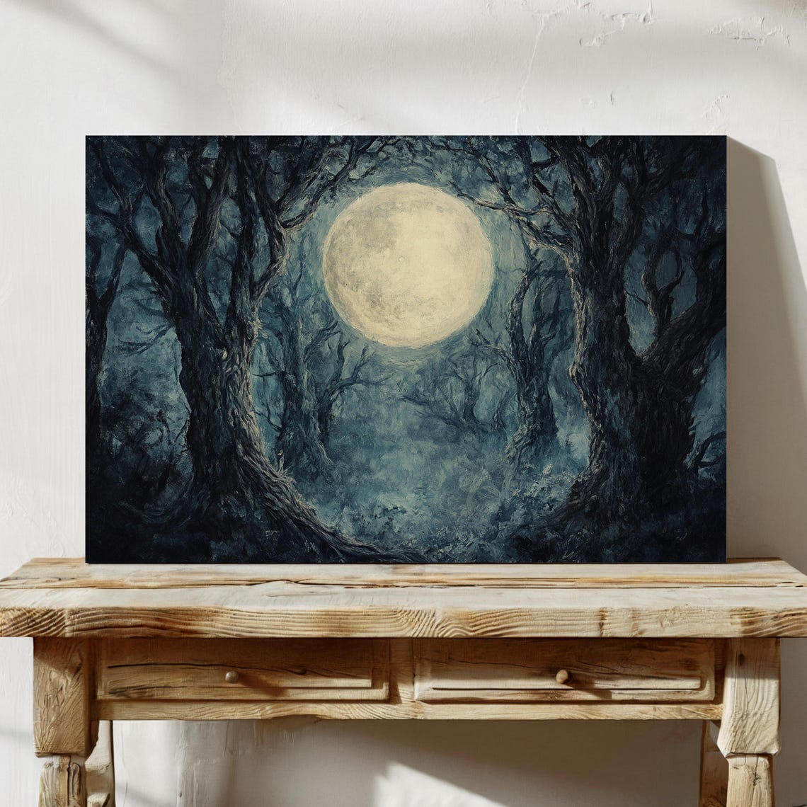 Full Moon Between Gnarled Trees Misty Night Forest Wall Poster - Image 3