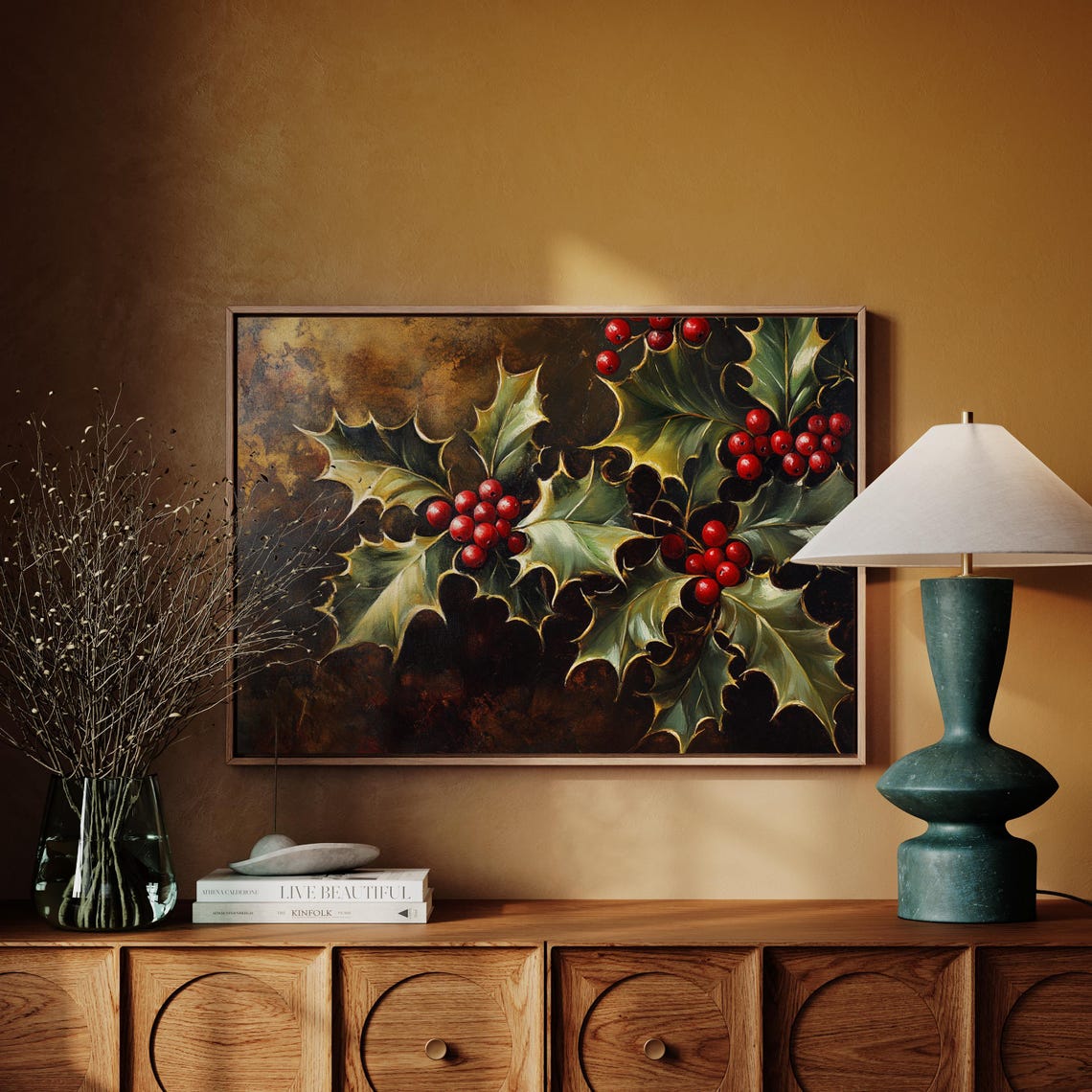 Vintage Holly Branches With Red Berries Dark Festive Holiday Wall Art - Image 5
