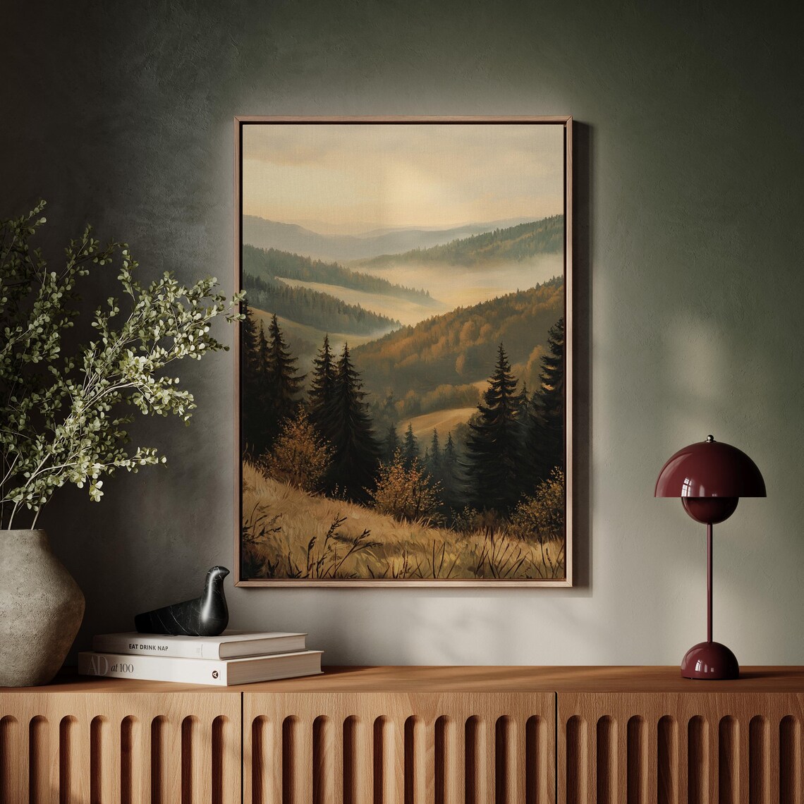Golden Misty Mountains Autumn Hills Pine Forest Landscape Poster