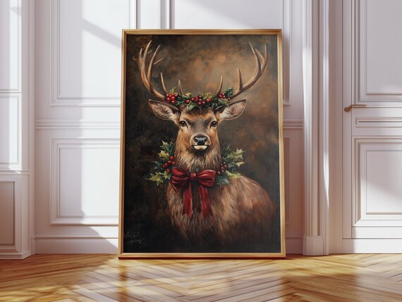 Majestic Stag With Holly Crown Red Bow Vintage Christmas Poster