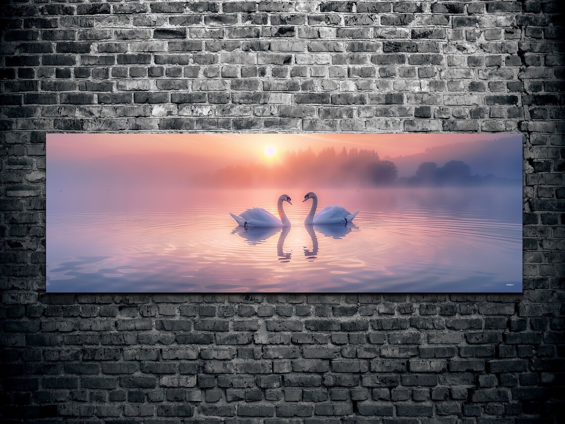 Swan Couple Romantic Art, Coastal Sunset Love - Image 2