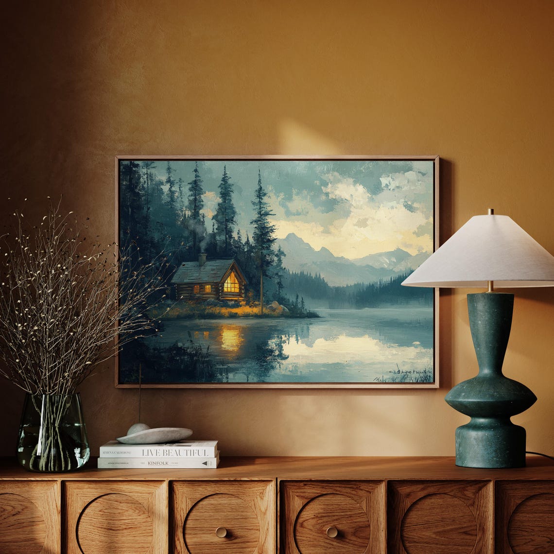 Cozy Log Cabin Lake Dusk Pine Forest Mountain Reflection Poster - Image 4