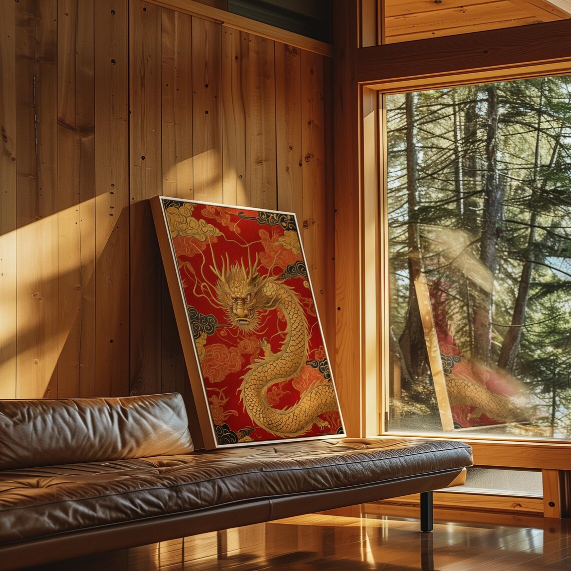 Majestic Golden Chinese Dragon With Clouds On Crimson Red Wall Art - Image 7