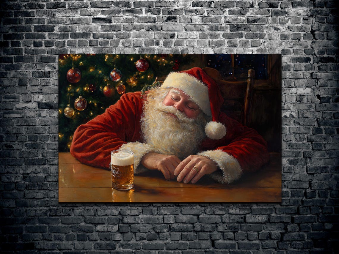 Sleeping Santa With Beer Funny Christmas Tavern Scene Poster - Image 2