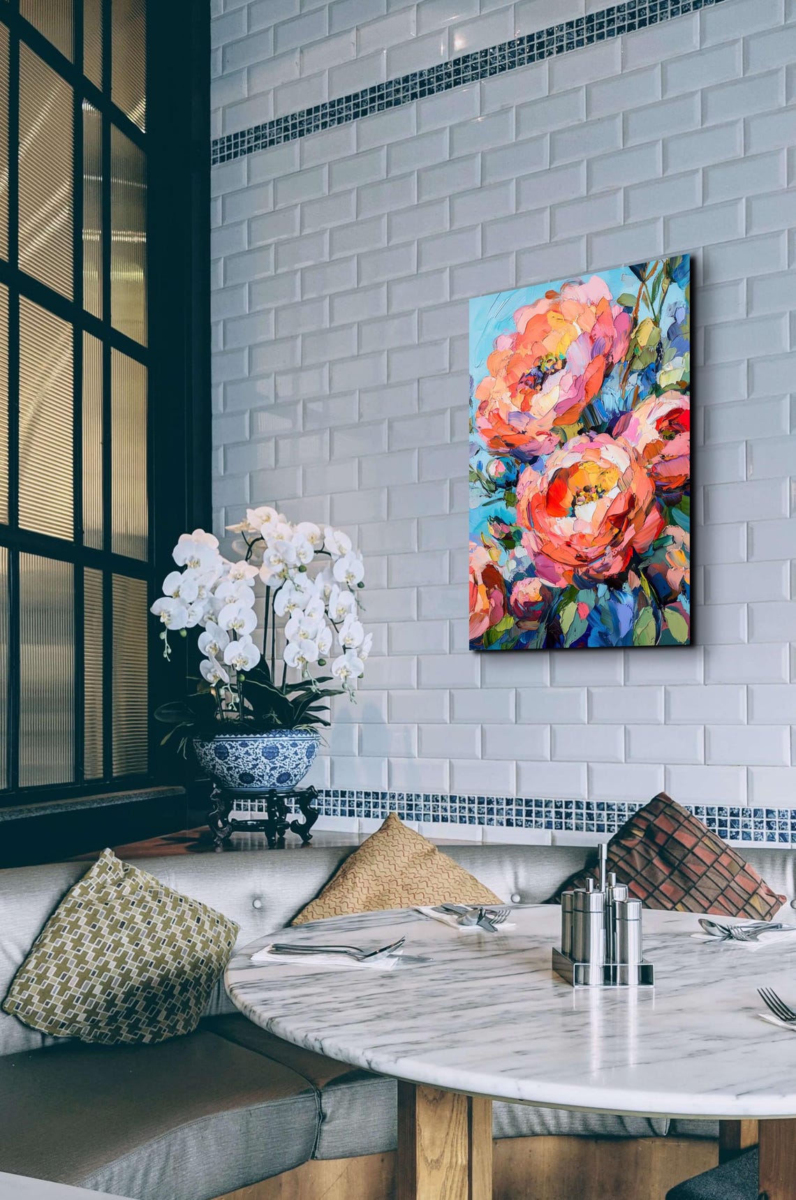 Pink Orange Peony Blooms Impasto Oil Style Floral Canvas Poster - Image 5