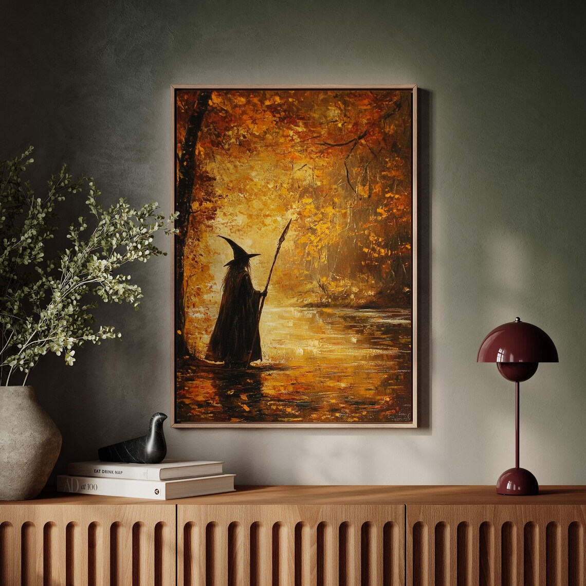 Golden Autumn Witch Art, Mystical Forest Scene
