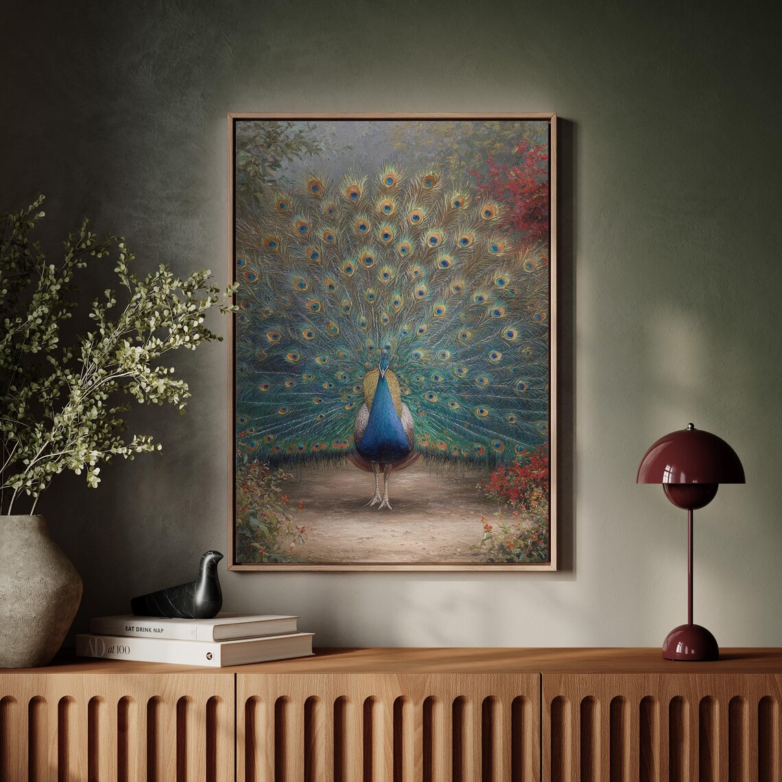 Majestic Peacock Full Tail Spread Oil Painting Jewel Tone Garden Poster