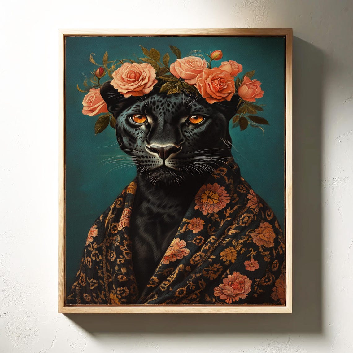 Black Panther With Rose Crown Regal Portrait Teal Luxury Art Poster