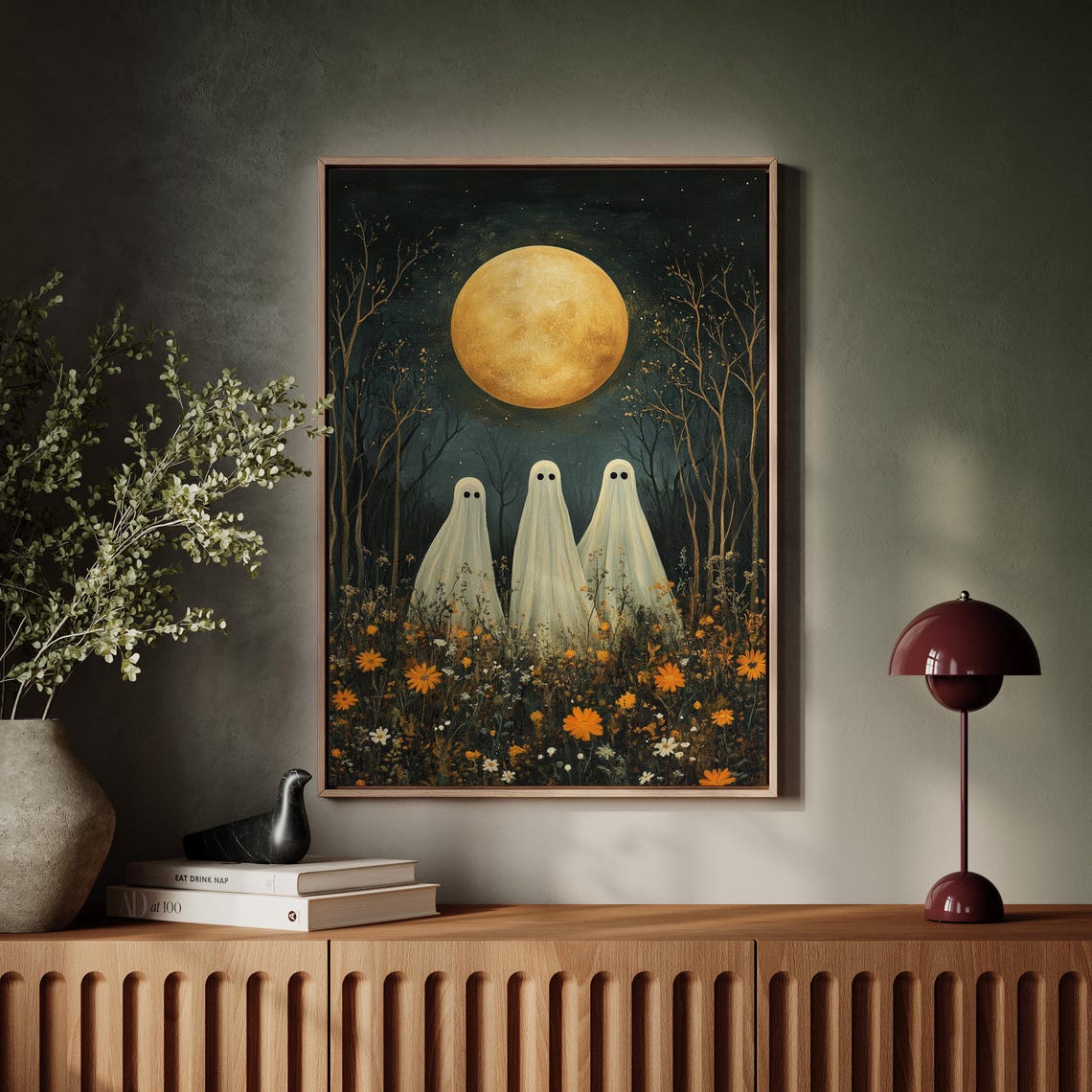 Three White Ghosts Under Full Golden Moon Wildflower Night Wall Art - Image 3