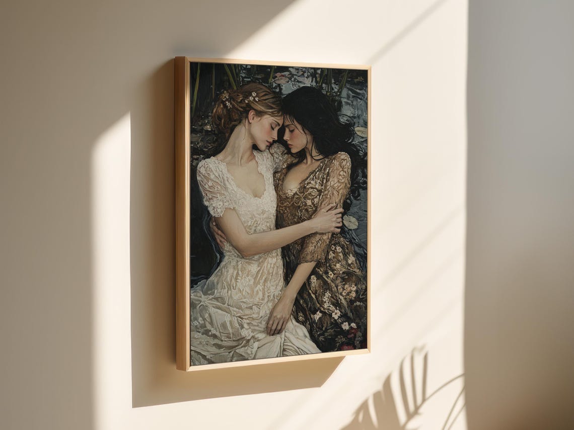 Romantic Embrace Wall Art Vintage Oil Painting Of Two Women In Lace Dresses Love And Intimacy Feminine Elegance Decor - Image 2