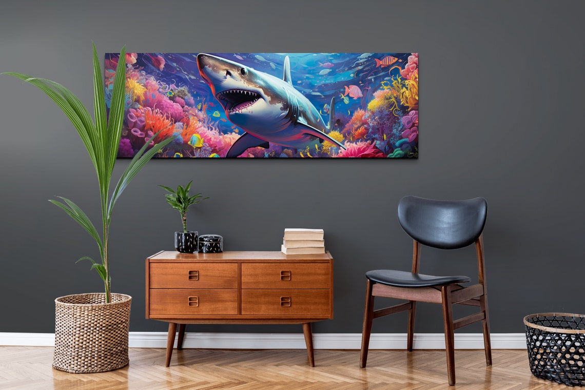 Great White Shark Coral Reef Vibrant Ocean Wildlife Art Poster - Image 2