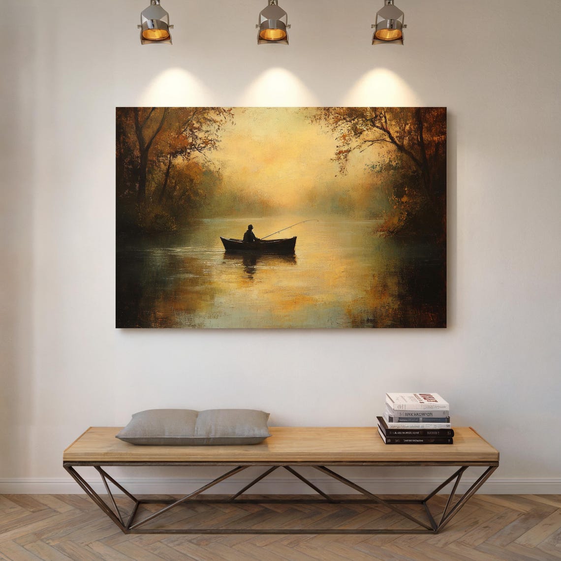 Fisherman in a Boat on an Autumn Lake with Sun Rays Tranquil Poster - Image 6