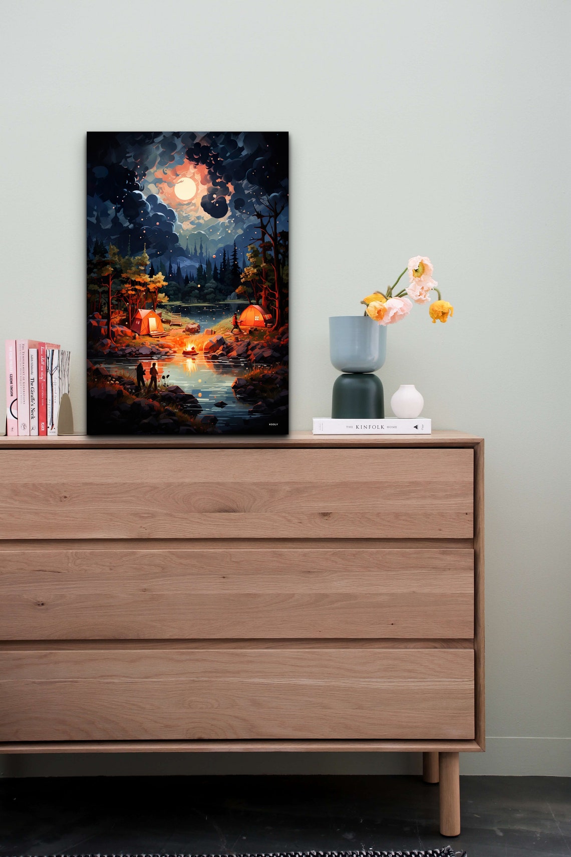 Night Camping By The Lake Under Full Moon Tents Campfire Poster - Image 4