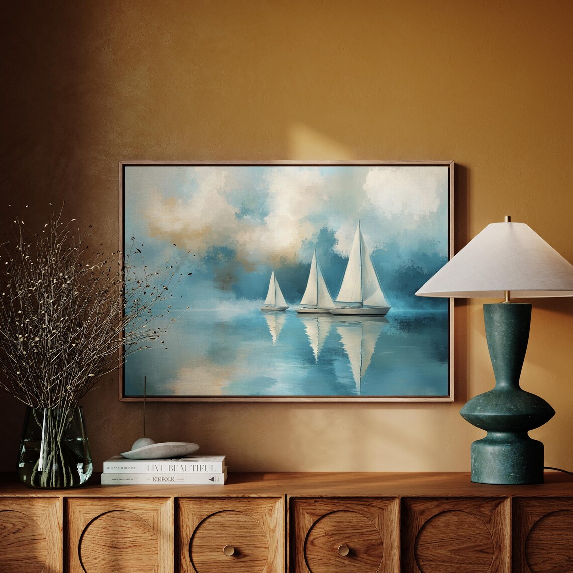 Three White Sailboats On Calm Teal Water Seascape Painting Poster - Image 3