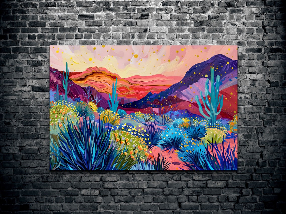 Neon Desert Sunset With Blue Agave and Red Mountains Wall Art - Image 3