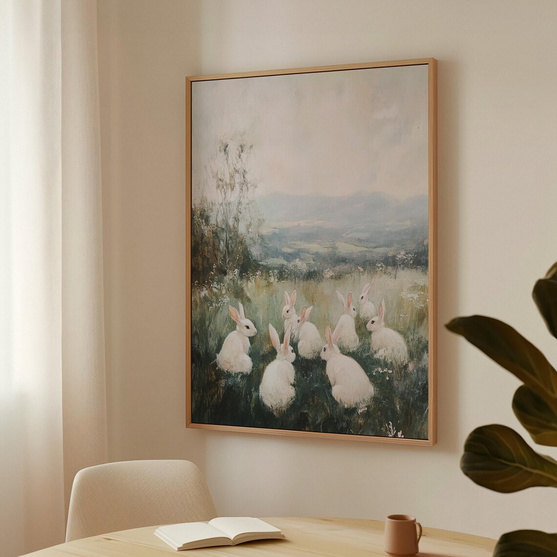 White Rabbits in Meadow, Rustic Farmhouse Decor