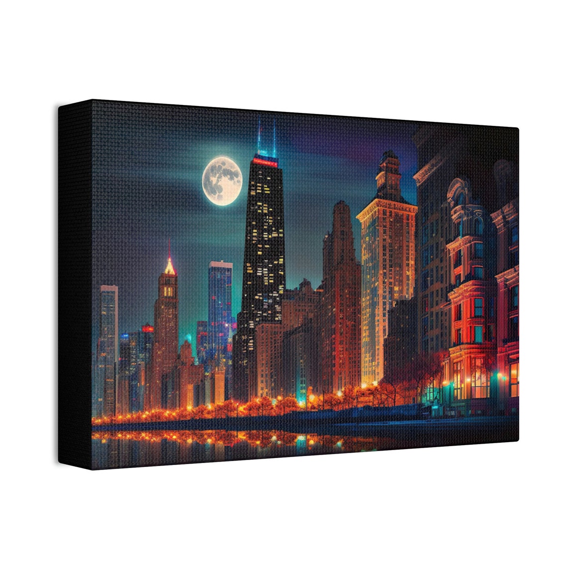 Chicago Downtown Skyline Full Moon Night Lights Cityscape Poster - Image 4