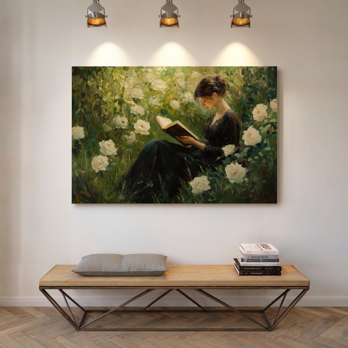 Elegant Woman Reading Among White Roses Vintage Art Print - Image 3