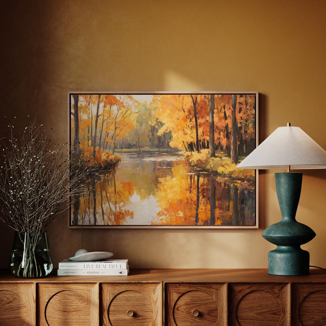 Golden Autumn Forest Mirrored In A Calm River Fall Reflection Poster
