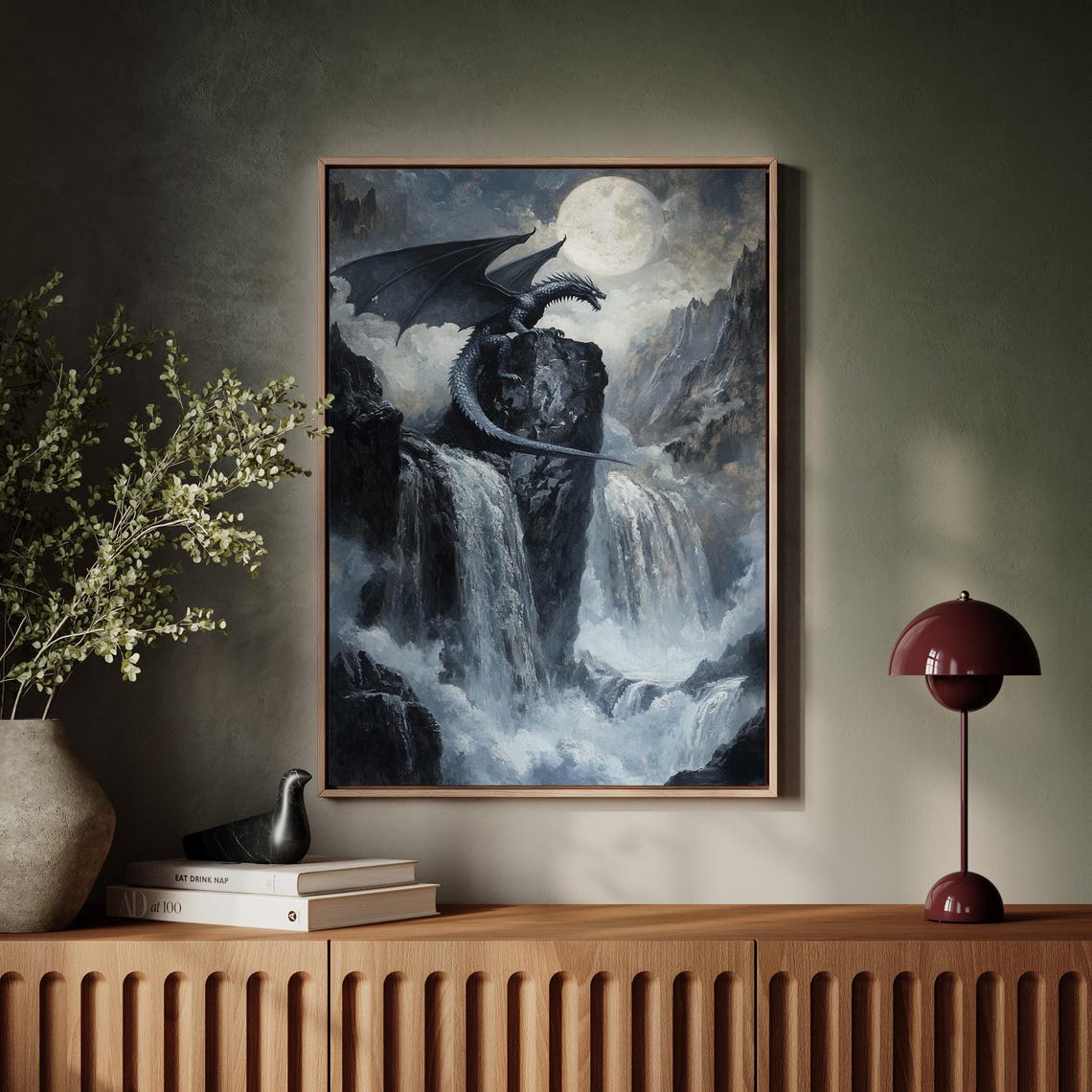 Majestic Dragon Over Waterfalls Moonlit Fantasy Mountain Poster - Image 7