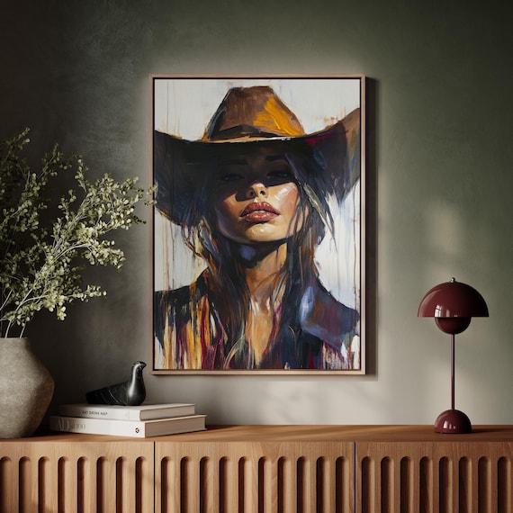 Fiery Cowgirl Portrait Painting Golden Hat Expressive Art Poster