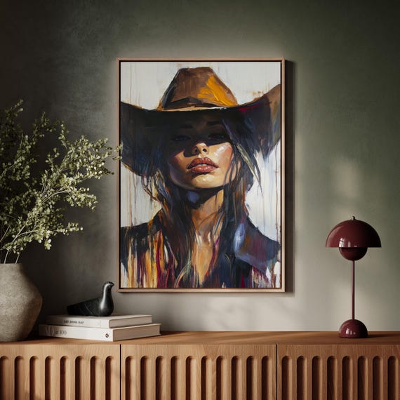 Western Cowgirl Portrait Canvas Fierce Woman In Hat With Shadowed Lighting And Dripping Oil Brush Texture Bold Rustic Wall Art