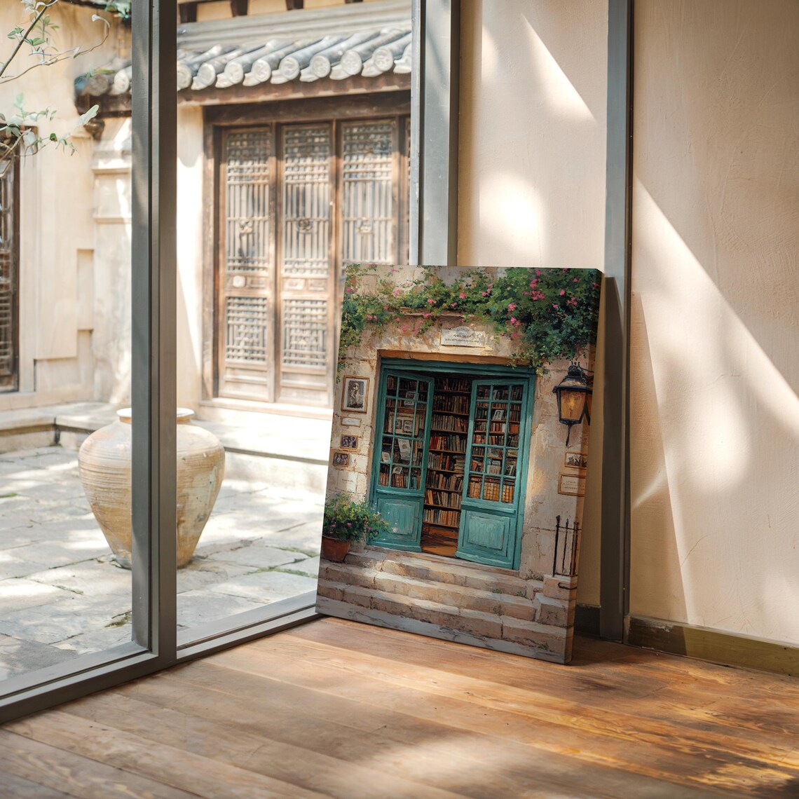 Old European Bookstore Teal Door Stone Facade Flowering Vines Cozy Poster - Image 3
