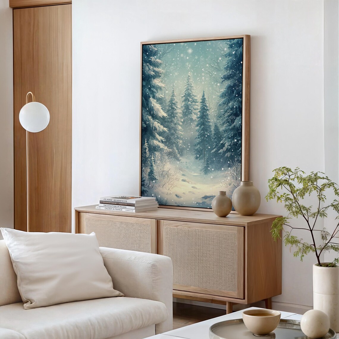 Snow Covered Pine Forest Path Falling Snowflakes Serene Winter Wall Art - Image 3