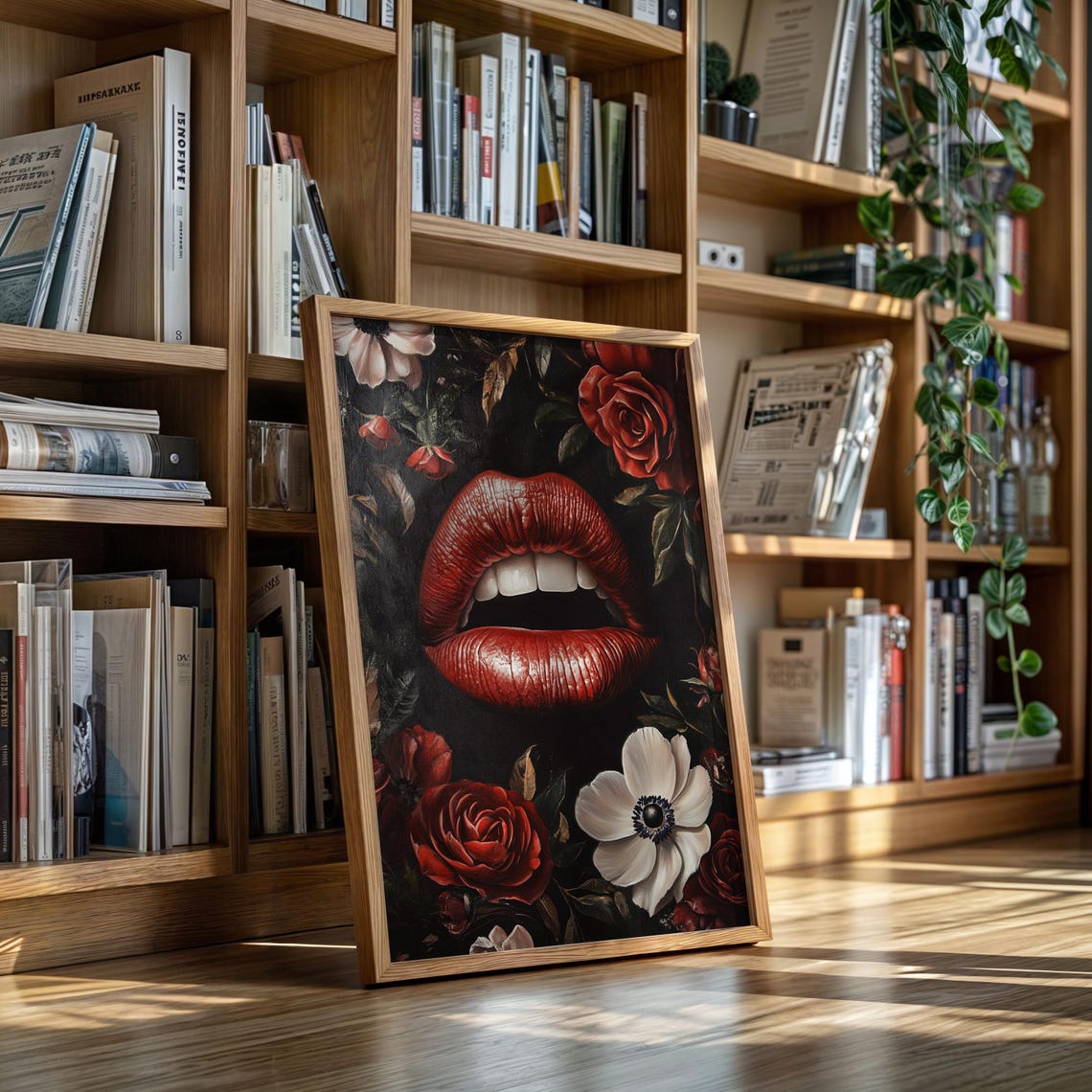 Glossy Red Lips With Red Roses And White Anemones Gothic Wall Art