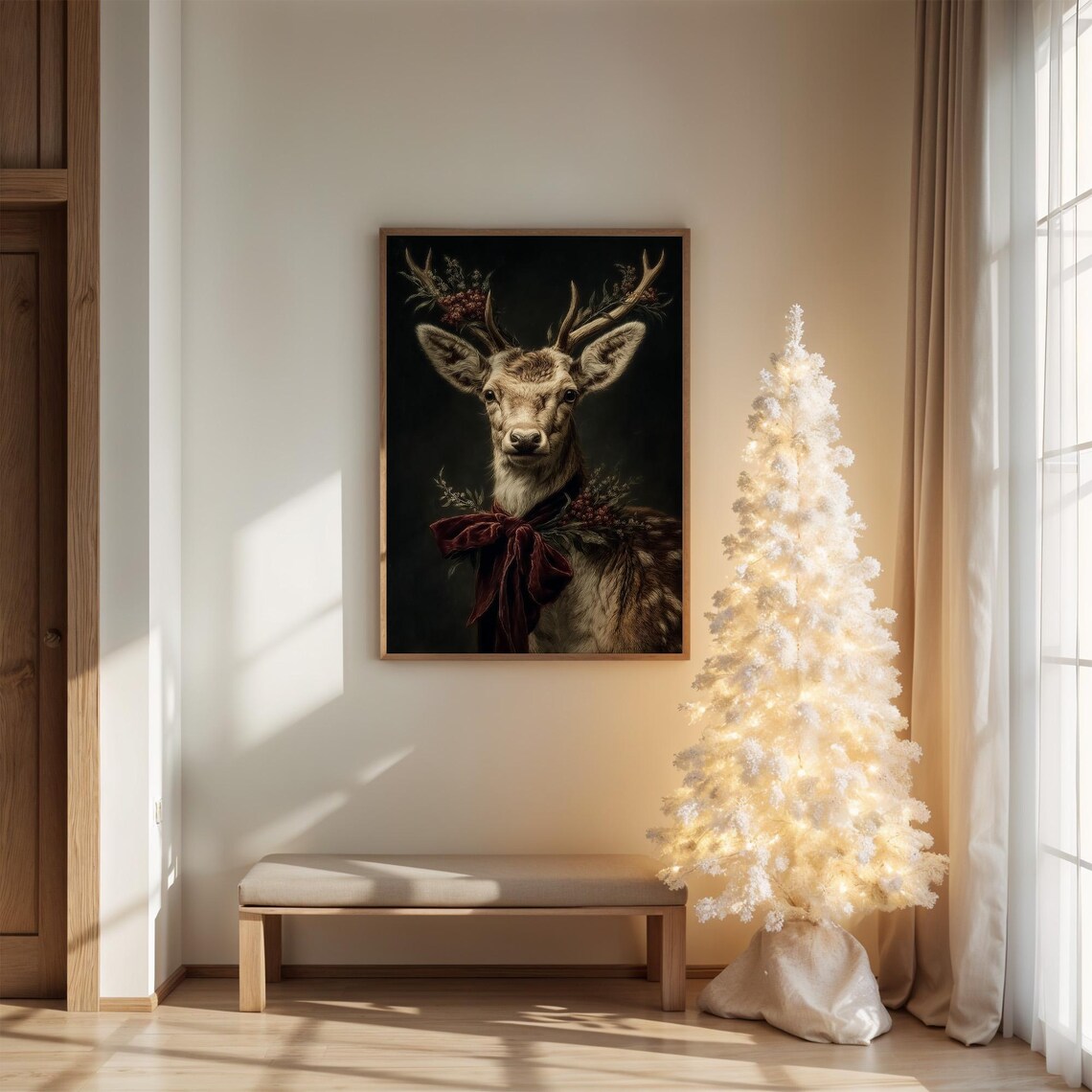 Festive Deer Portrait Poster Velvet Bow And Floral Antlers Art