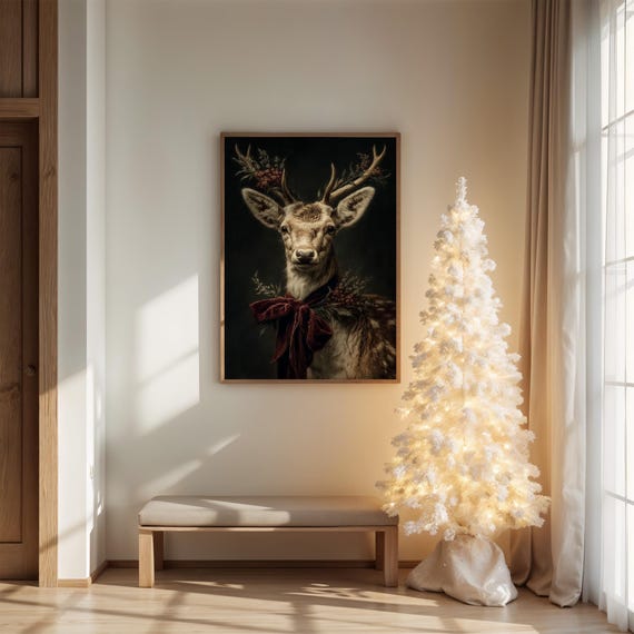 Festive Deer With Velvet Bow And Floral Antlers