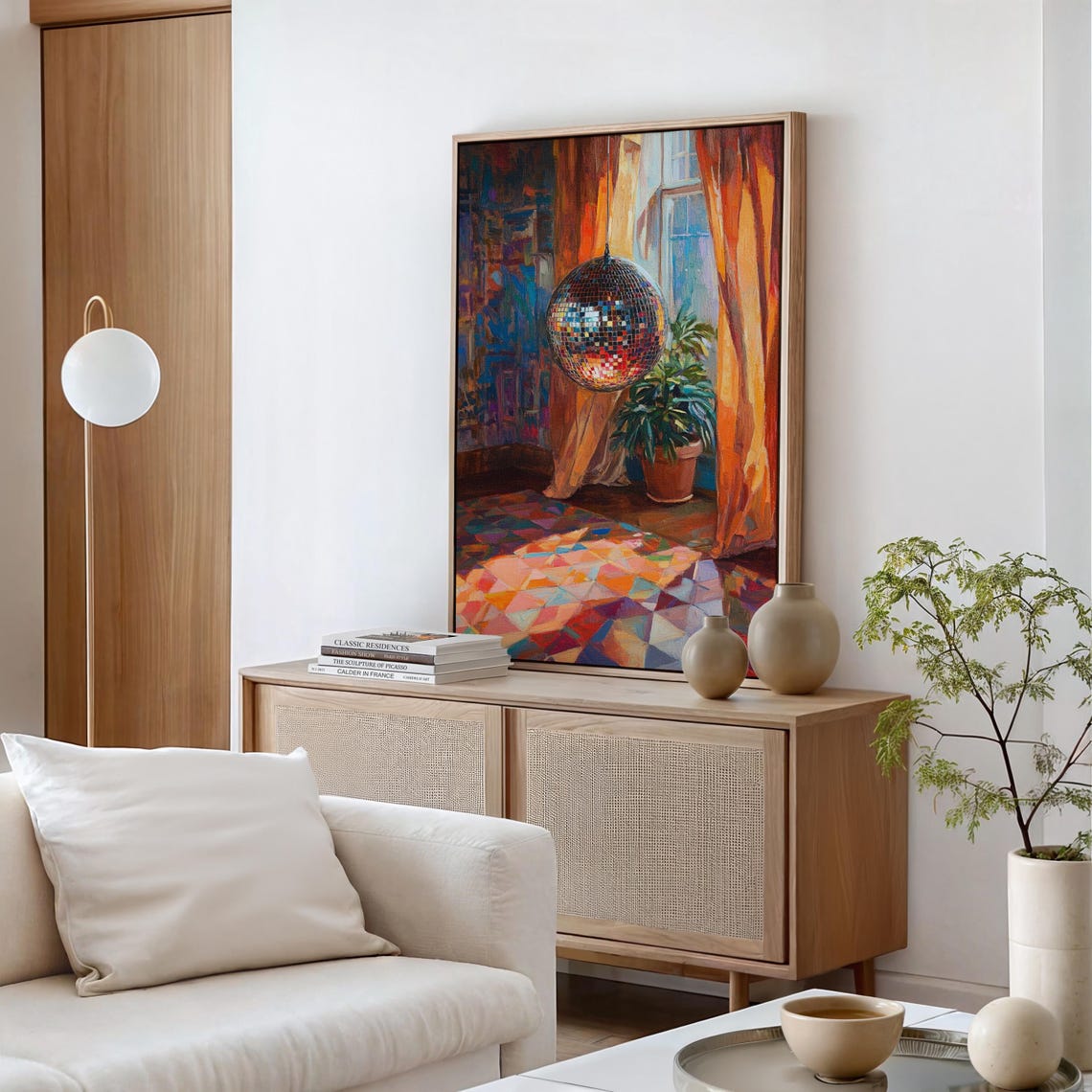 Disco Ball Hanging in a Sunlit Room With Colorful Mosaic Floor Poster - Image 5