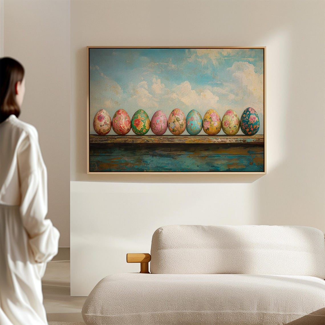 Colorful Floral Easter Eggs Row on Distressed Blue Wood Shelf Poster - Image 6