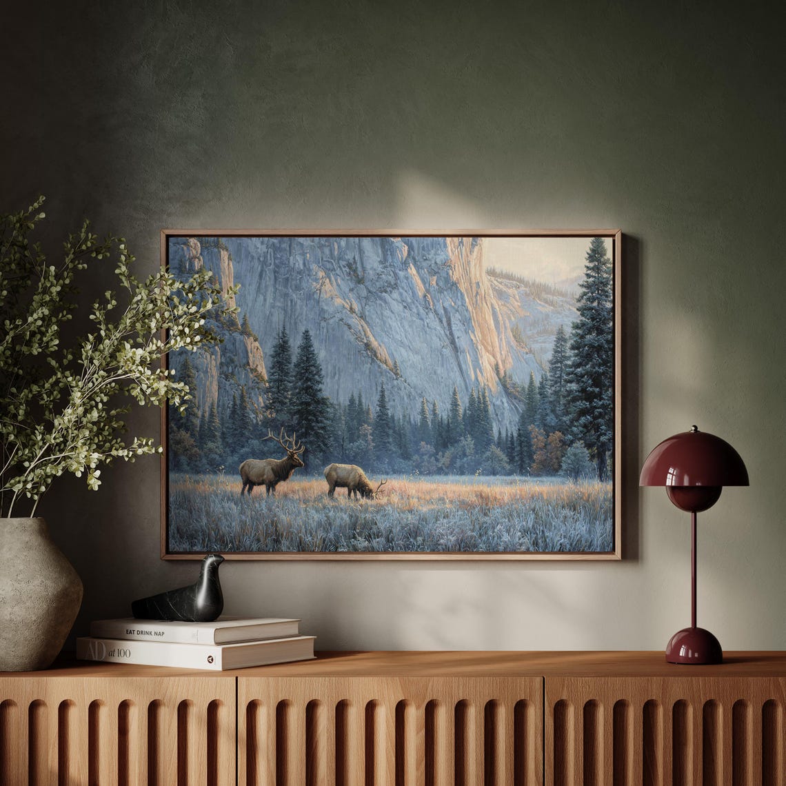 Elk in a Mountain Meadow with Granite Cliffs Wildlife Poster